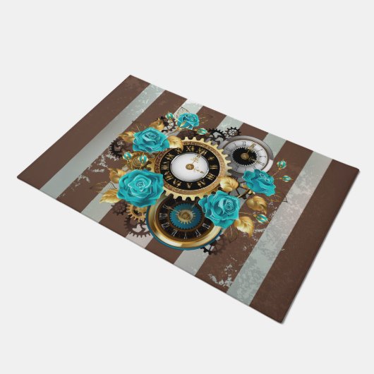 Steampunk Clock- en Turquoise-Rozen op gestreept Deurmat (Schuin)