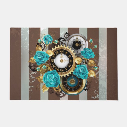 Steampunk Clock- en Turquoise-Rozen op gestreept Deurmat (Voorkant)