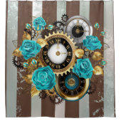 Steampunk Clock- en Turquoise-Rozen op gestreept Douchegordijn (Voorkant)