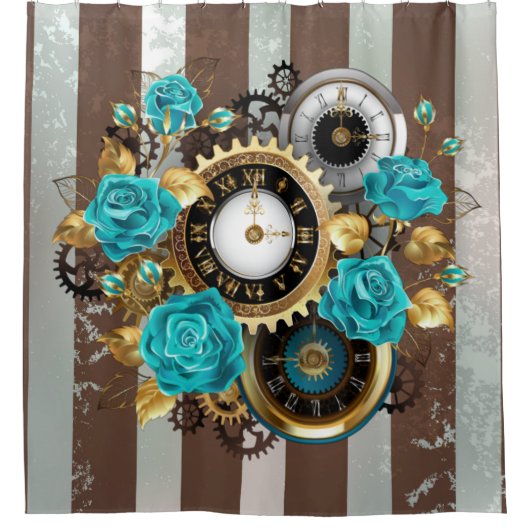 Steampunk Clock- en Turquoise-Rozen op gestreept Douchegordijn (Voorkant)