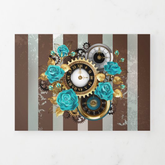 Steampunk Clock- en Turquoise-Rozen op gestreept Drieluik Kaart (Cover)