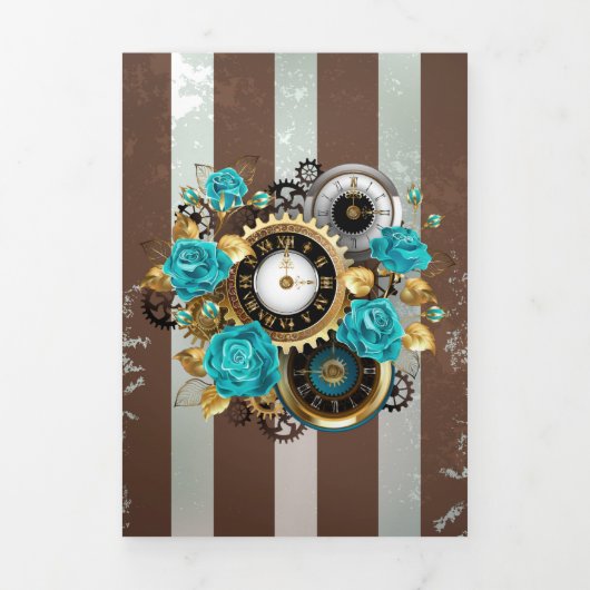 Steampunk Clock- en Turquoise-Rozen op gestreept Drieluik Wenskaart (Cover)