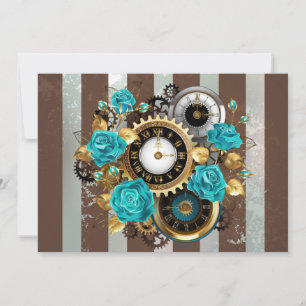 Steampunk Clock- en Turquoise-Rozen op gestreept Feestdagenkaart