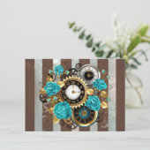 Steampunk Clock- en Turquoise-Rozen op gestreept Feestdagenkaart (Staand voorkant)