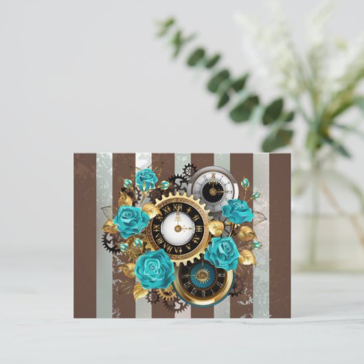 Steampunk Clock- en Turquoise-Rozen op gestreept Feestdagenkaart (Staand voorkant)