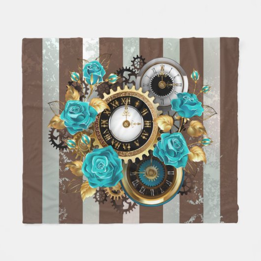 Steampunk Clock- en Turquoise-Rozen op gestreept Fleece Deken (Voorkant (Horizontaal))