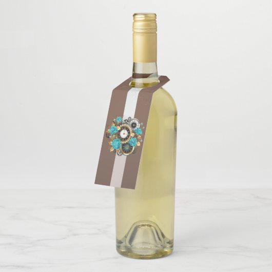 Steampunk Clock- en Turquoise-Rozen op gestreept Flessenhanger (Schuin)