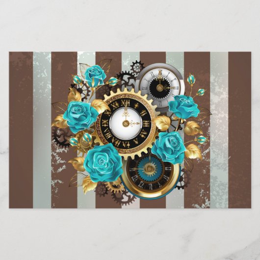 Steampunk Clock- en Turquoise-Rozen op gestreept Flyer (Voorkant)