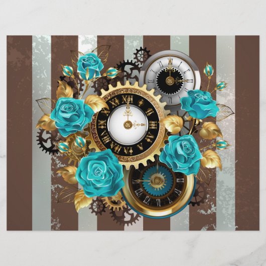 Steampunk Clock- en Turquoise-Rozen op gestreept Flyer (Voorkant)