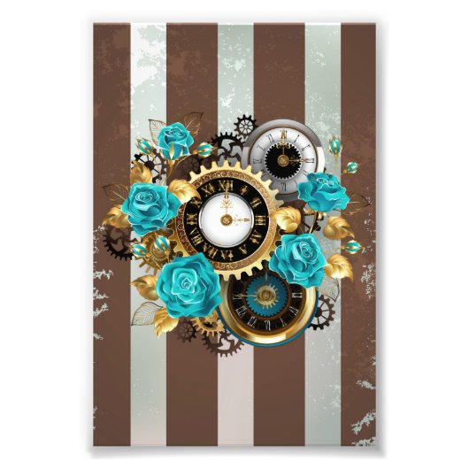 Steampunk Clock- en Turquoise-Rozen op gestreept Foto Afdruk (Voorkant)