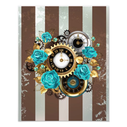 Steampunk Clock- en Turquoise-Rozen op gestreept Foto Afdruk (Voorkant)