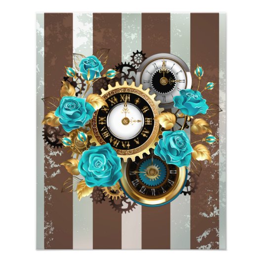 Steampunk Clock- en Turquoise-Rozen op gestreept Foto Afdruk (Voorkant)