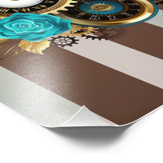 Steampunk Clock- en Turquoise-Rozen op gestreept Foto Afdruk (Hoek)