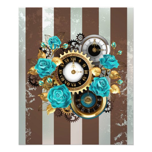 Steampunk Clock- en Turquoise-Rozen op gestreept Foto Afdruk (Voorkant)