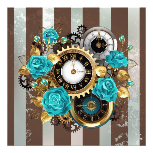 Steampunk Clock- en Turquoise-Rozen op gestreept Foto Afdruk (Voorkant)