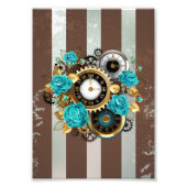 Steampunk Clock- en Turquoise-Rozen op gestreept Foto Afdruk (Voorkant)
