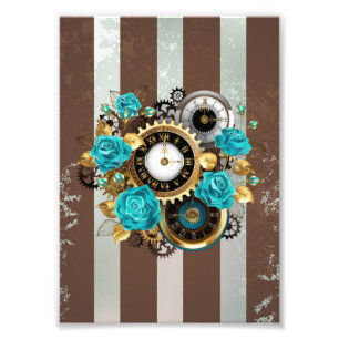 Steampunk Clock- en Turquoise-Rozen op gestreept Foto Afdruk