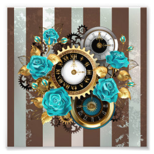 Steampunk Clock- en Turquoise-Rozen op gestreept Foto Afdruk