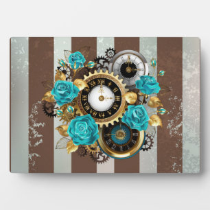 Steampunk Clock- en Turquoise-Rozen op gestreept Fotoplaat