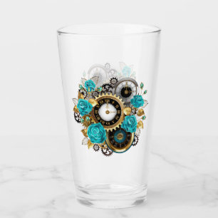 Steampunk Clock- en Turquoise-Rozen op gestreept Glas