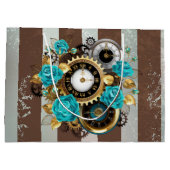 Steampunk Clock- en Turquoise-Rozen op gestreept Groot Cadeauzakje (Achterkant)