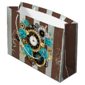 Steampunk Clock- en Turquoise-Rozen op gestreept Groot Cadeauzakje (Achterkant Gekanteld)