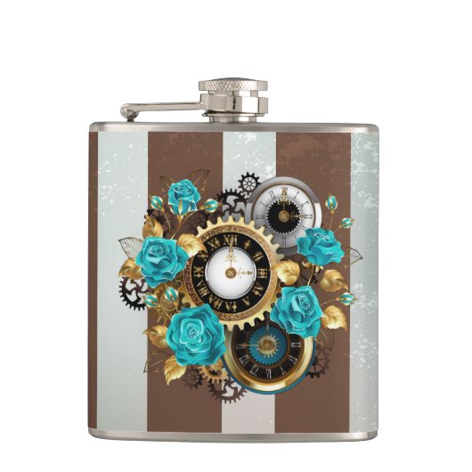Steampunk Clock- en Turquoise-Rozen op gestreept Heupfles (Voorkant)