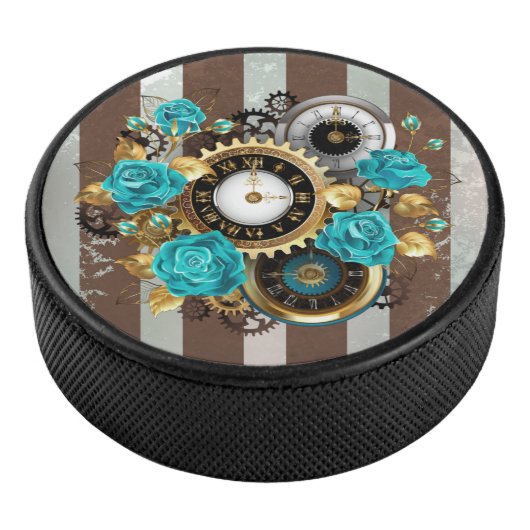 Steampunk Clock- en Turquoise-Rozen op gestreept Hockey Puck (3/4)
