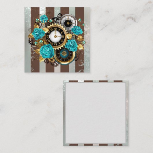 Steampunk Clock- en Turquoise-Rozen op gestreept Informatiekaartje (Voorkant / Achterkant)