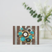 Steampunk Clock- en Turquoise-Rozen op gestreept Informatiekaartje (Staand voorkant)