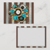 Steampunk Clock- en Turquoise-Rozen op gestreept Informatiekaartje (Voorkant / Achterkant)