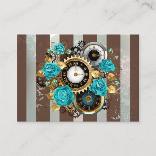 Steampunk Clock- en Turquoise-Rozen op gestreept Informatiekaartje (Voorkant)