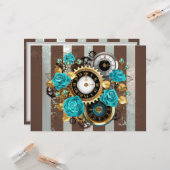 Steampunk Clock- en Turquoise-Rozen op gestreept Kaart (Voorkant / Achterkant in situ)