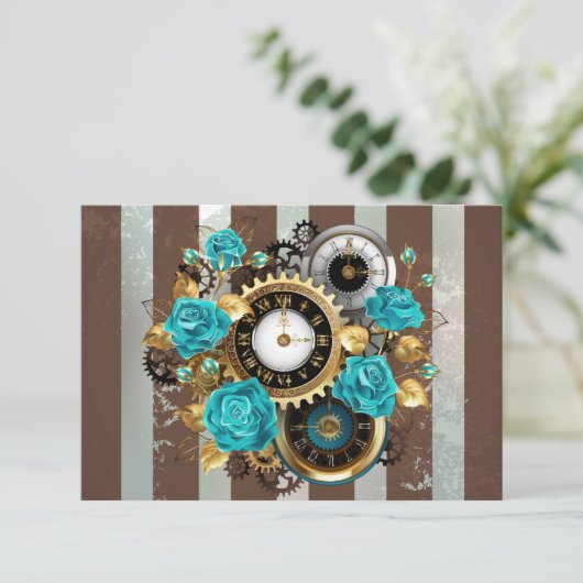 Steampunk Clock- en Turquoise-Rozen op gestreept Kaart (Staand voorkant)