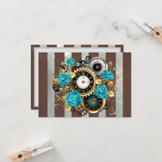 Steampunk Clock- en Turquoise-Rozen op gestreept Kaart (Voorkant / Achterkant in situ)