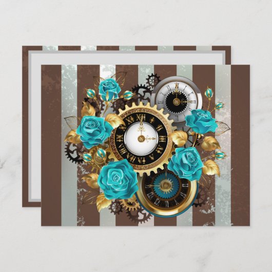 Steampunk Clock- en Turquoise-Rozen op gestreept Kaart (Voorkant / Achterkant)