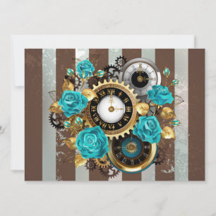 Steampunk Clock- en Turquoise-Rozen op gestreept Kaart