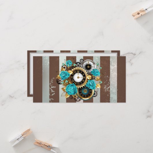 Steampunk Clock- en Turquoise-Rozen op gestreept Kaart (Voorkant / Achterkant in situ)
