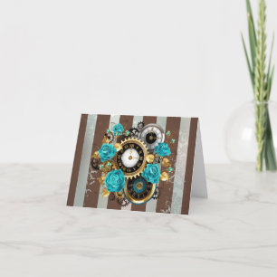 Steampunk Clock- en Turquoise-Rozen op gestreept Kaart
