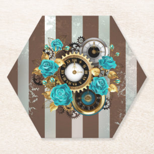 Steampunk Clock- en Turquoise-Rozen op gestreept Kartonnen Onderzetters
