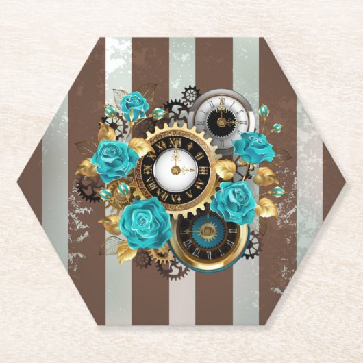 Steampunk Clock- en Turquoise-Rozen op gestreept Kartonnen Onderzetters (Voorkant)