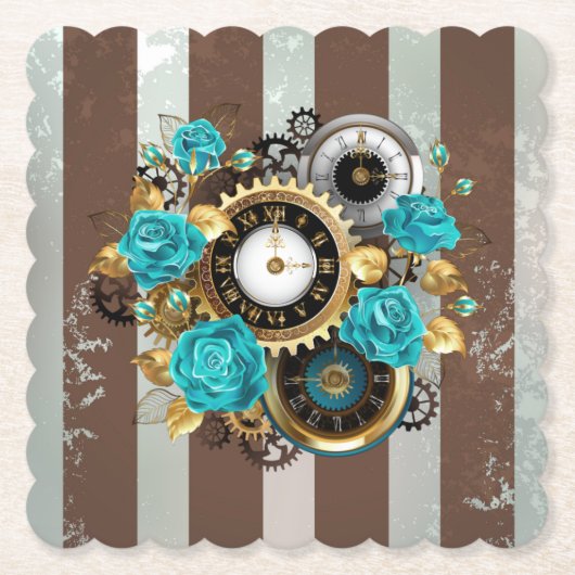 Steampunk Clock- en Turquoise-Rozen op gestreept Kartonnen Onderzetters (Voorkant)
