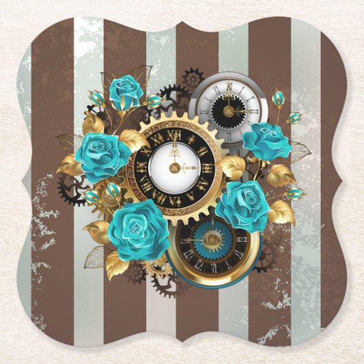 Steampunk Clock- en Turquoise-Rozen op gestreept Kartonnen Onderzetters (Voorkant)