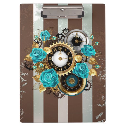 Steampunk Clock- en Turquoise-Rozen op gestreept Klembord (Voorkant)