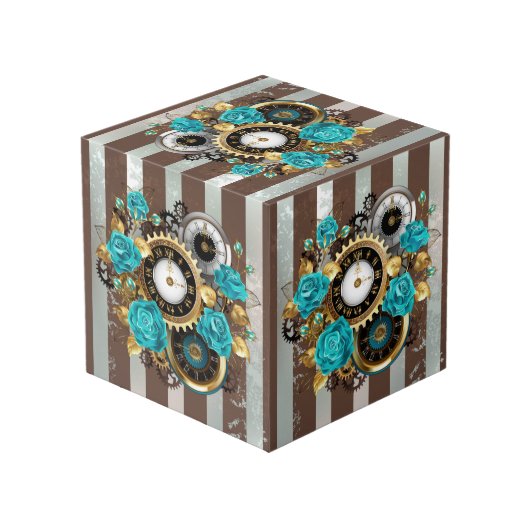 Steampunk Clock- en Turquoise-Rozen op gestreept Kubus (Achter hoekig)
