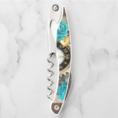 Steampunk Clock- en Turquoise-Rozen op gestreept Kurkentrekker (Voorkant)
