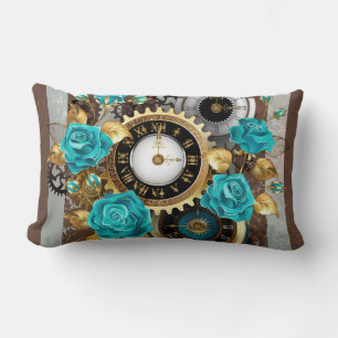 Steampunk Clock- en Turquoise-Rozen op gestreept Kussen