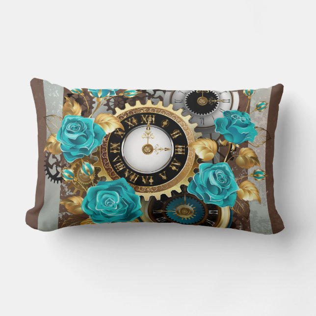 Steampunk Clock- en Turquoise-Rozen op gestreept Kussen (Voorkant)