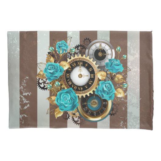 Steampunk Clock- en Turquoise-Rozen op gestreept Kussensloop (Voorkant)
