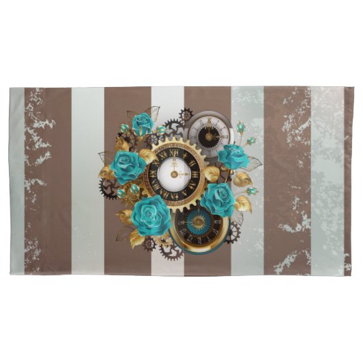 Steampunk Clock- en Turquoise-Rozen op gestreept Kussensloop (Voorkant)